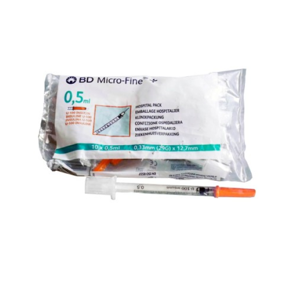 SERINGUE 0,5 ML. MICROFINE INSULINE AIGUILLE 29G U-100 SACHET 10 UNITÉS SERINGUE 0,5 ML. MICROFINE INSULINE AIGUILLE 29G U-100 SACHET 10 UNITÉS-Lire la description