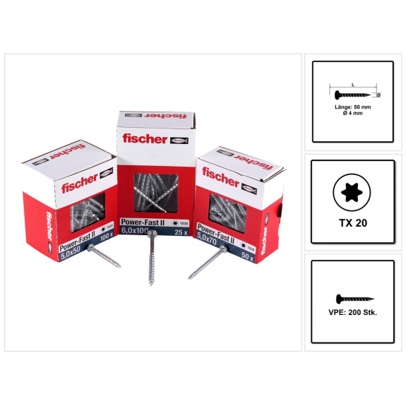 Fischer Power-Fast II FPF II Spanplattenschraube 4,0x50 mm 200 Stück ( 670240 ) Pan Head mit Torx Vollgewinde galvanisch verzinkt, blau passiviert-Beschreibung lesen