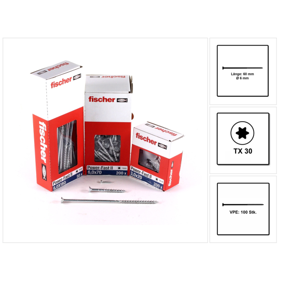 Fischer Power-Fast II FPF II Spanplattenschraube 6,0x60 mm 100 Stück ( 670481 ) Senkkopf mit Torx Teilgewinde galvanisch verzinkt, blau passiviert-Beschreibung lesen