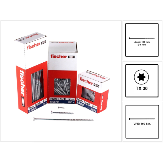 Fischer Power-Fast II FPF II Spanplattenschraube 6,0x180 mm 100 Stück ( 670465 ) Senkkopf mit Torx Teilgewinde galvanisch verzinkt, blau passiviert-Beschreibung lesen