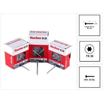 Fischer Power-Fast II FPF II Spanplattenschraube 6,0x60 mm 50 Stück ( 670532 ) Pan Head mit Torx Vollgewinde galvanisch verzinkt, blau passiviert-Beschreibung lesen