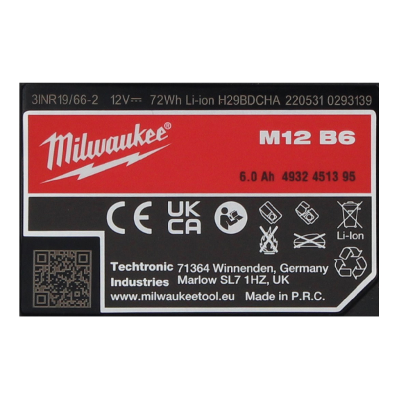 Milwaukee M12 B6 12 V 6,0 Ah / 6000 mAh Li-Ion Einschub Akku-Beschreibung lesen