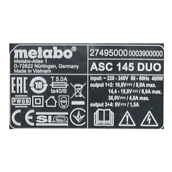 Metabo ASC 145 DUO Schnellladegerät 12 - 36V-Beschreibung lesen