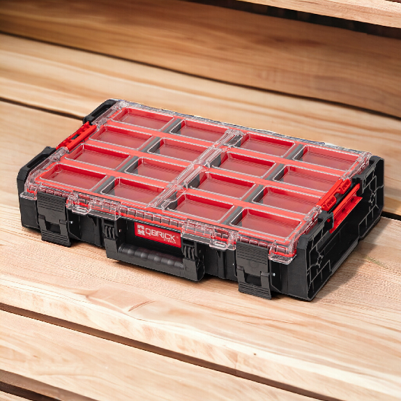 Qbrick System ONE Organizer XL 2.0 Long Bin stapelbar 582 x 387 x 131 mm 13,5 l IP66 mit 4 Einsätzen und 12 Trennwänden-Beschreibung lesen