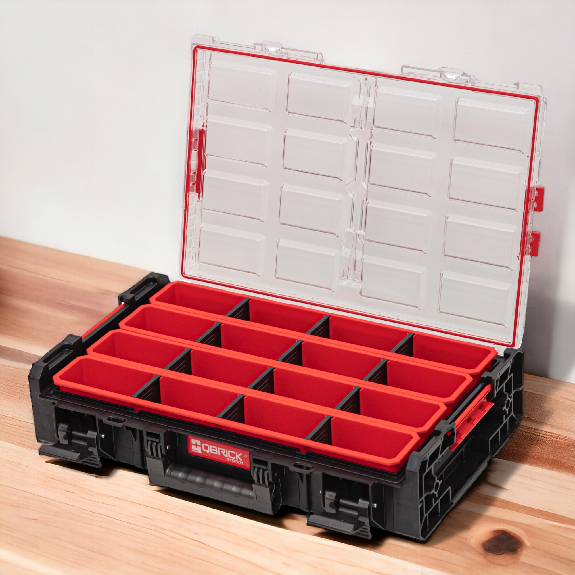 Qbrick System ONE Organizer XL 2.0 Long Bin stapelbar 582 x 387 x 131 mm 13,5 l IP66 mit 4 Einsätzen und 12 Trennwänden-Beschreibung lesen