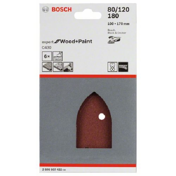 Schleifblatt C430, 100 x 170 mm, 2 x 80, 2 x 120, 2 x 180, 4 Löcher, 6er-Pack-Beschreibung lesen