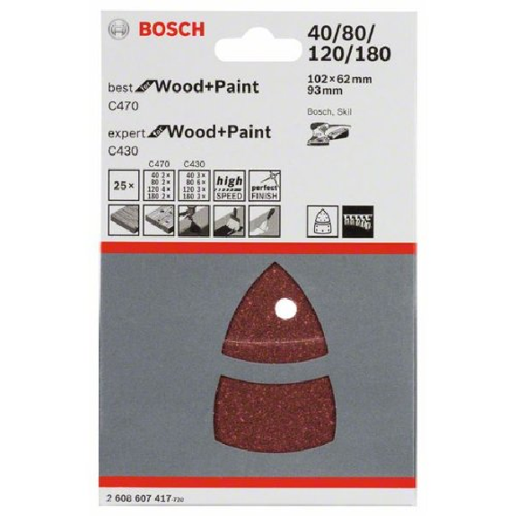 Schleifblatt-Set für Holz und Farbe, 102 x 62, 93 mm, Körnung 40 - 180, 25er-Pack Schleifblatt-Set für Holz und Farbe, 102 x 62, 93 mm, Körnung 40 - 180, 25er-Pack-Beschreibung lesen