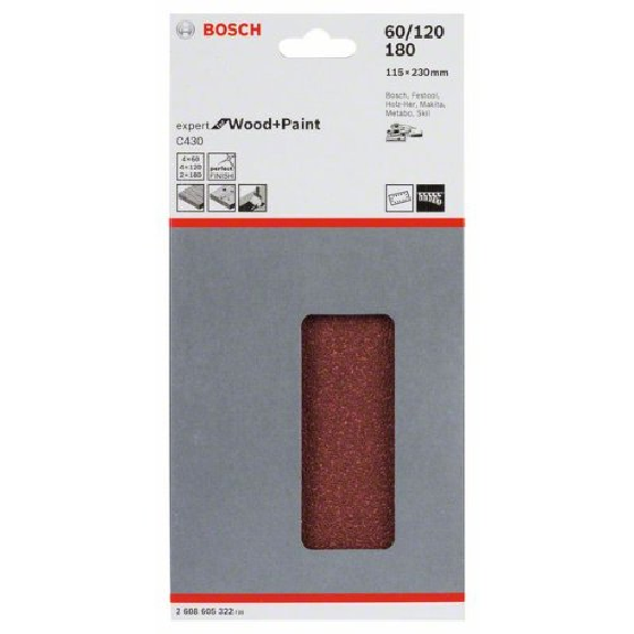 Schleifblatt C430, 115 x 230 mm, 4 x 60, 4 x 120, 2 x 180, 14 Löcher, 10er-Pack-Beschreibung lesen