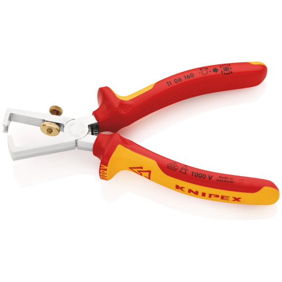 KNIPEX 11 06 160 SB Abisolierzange mit Öffnungsfeder, universal isoliert mit Mehrkomponenten-Hüllen, VDE-geprüft verchromt 160 mm (SB-Karte/Blister)-Beschreibung lesen