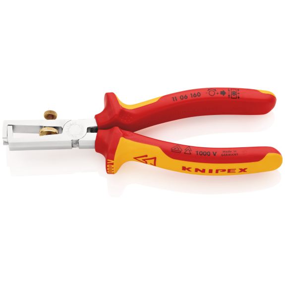 KNIPEX 11 06 160 SB Abisolierzange mit Öffnungsfeder, universal isoliert mit Mehrkomponenten-Hüllen, VDE-geprüft verchromt 160 mm (SB-Karte/Blister)-Beschreibung lesen