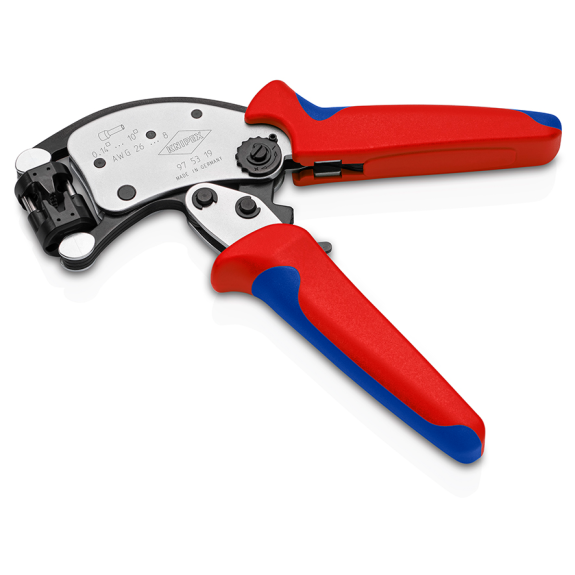 KNIPEX 97 53 19 Twistor T Selbsteinstellende Crimpzange für Aderendhülsen mit drehbarem Crimpkopf mit Mehrkomponenten-Hüllen verchromt 200 mm-Beschreibung lesen