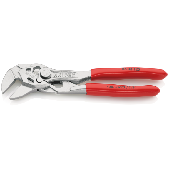 KNIPEX 86 03 125 SB Mini-Zangenschlüssel Zange und Schraubenschlüssel in einem Werkzeug mit Kunststoff überzogen verchromt 125 mm (SB-Karte/Blister)-Beschreibung lesen