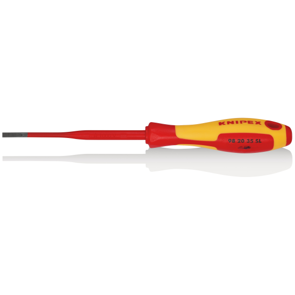 KNIPEX 98 20 35 SL Schraubendreher (Slim) für Schlitzschrauben isolierender Mehrkomponenten-Griff, VDE-geprüft brüniert 202 mm-Beschreibung lesen