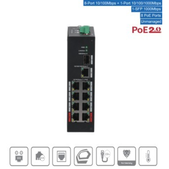 Dahua - PFS3110-8ET-96-V2 - Switch - 8 PoE - 1 SFP, - 10 Port Switch - 8x PoE Ethernet Port 10/100 Mbps - 1x Uplink Eth-Beschreibung lesen