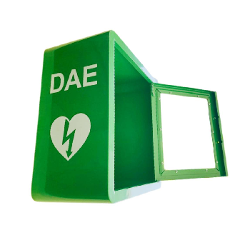 Metallschrank für Indoor-Defibrillator mit Alarm-Beschreibung lesen