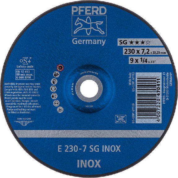 Schruppscheibe gekröpft für V2A A30NSG 230x7,2mm PFERD Schruppscheibe gekröpft für V2A A30NSG 230x7,2mm PFERD-Beschreibung lesen