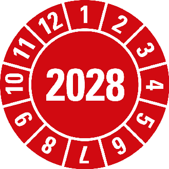 Prüfplakette 2028, rot, Folie, für ölige Untergründe, Ø 10mm, 500/Rolle-Beschreibung lesen