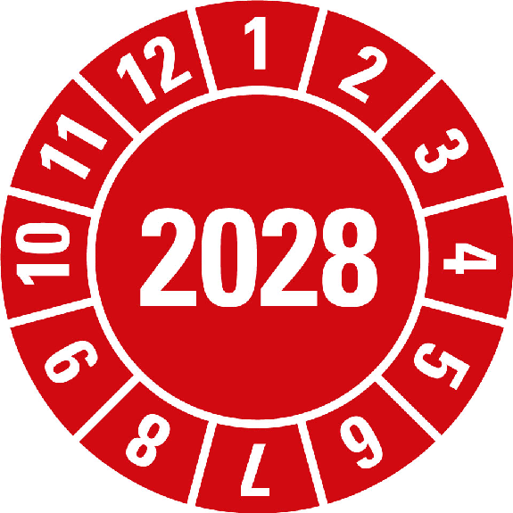 Prüfplakette 2028, rot, Folie, für ölige Untergründe, Ø 15mm, 10/Bogen-Beschreibung lesen