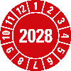 Prüfplakette 2028, rot, Folie, für ölige Untergründe, Ø 15mm, 10/Bogen