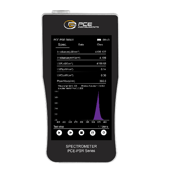 PCE Instruments Spektrometer PCE-PSR 300UV |UV-A |UV-B |UV-C |Farbwiedergabeindex |Farbkoordinaten|Spektralverteilungen-Beschreibung lesen