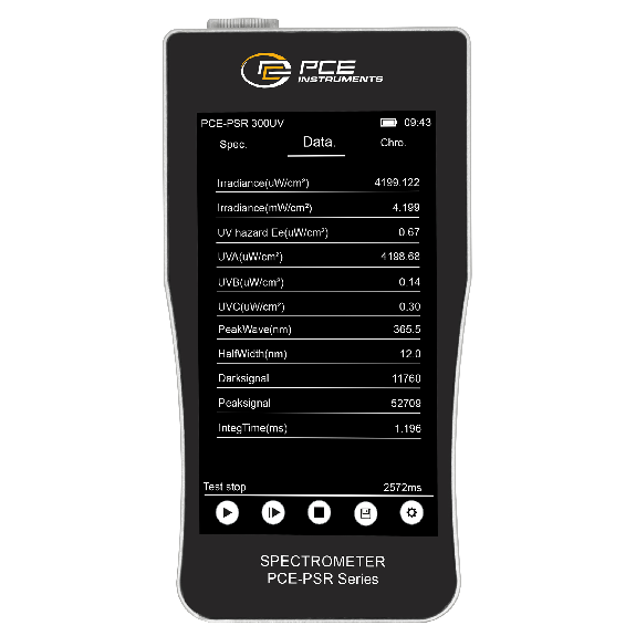 PCE Instruments Spektrometer PCE-PSR 300UV |UV-A |UV-B |UV-C |Farbwiedergabeindex |Farbkoordinaten|Spektralverteilungen-Beschreibung lesen