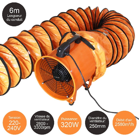 Ventilateur Industriel 250mm 320W avec conduit de 6m-Lire la description