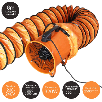 Ventilateur Industriel 250mm 320W avec conduit de 6m-Lire la description