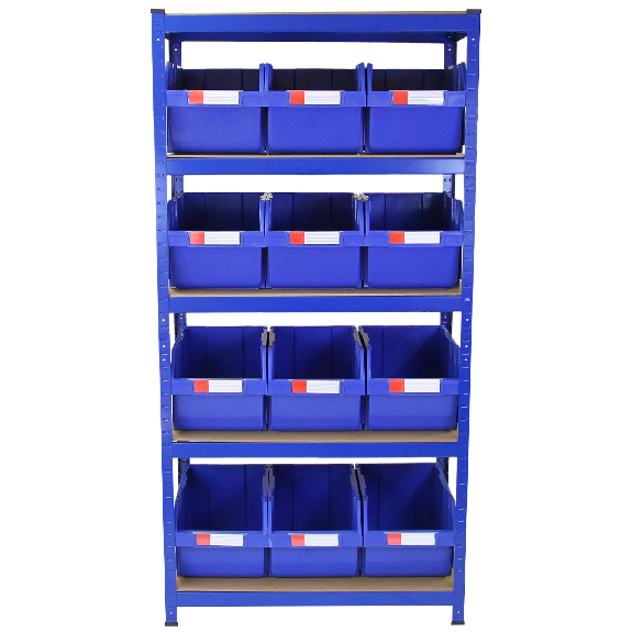 Scaffale T-RAX blu 90 cm con 12 contenitori per raccolta rapida-Leggi tutto