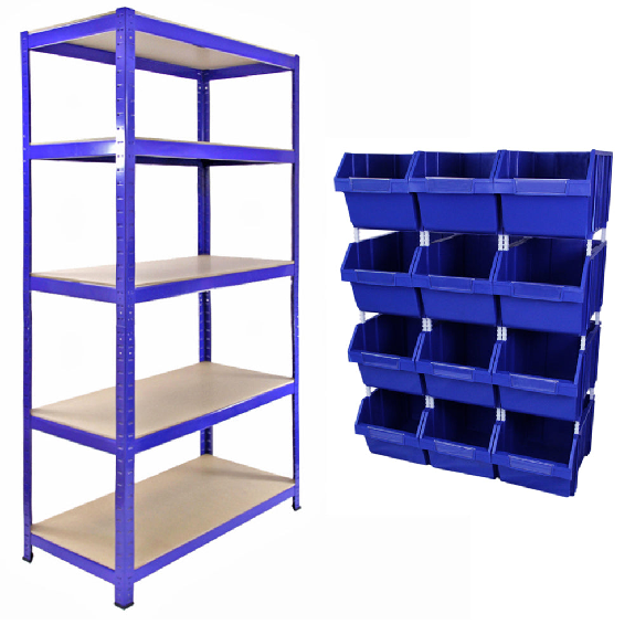 Scaffale T-RAX blu 90 cm con 12 contenitori per raccolta rapida-Leggi tutto