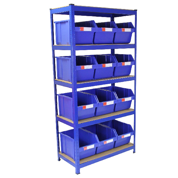 Scaffale T-RAX blu 90 cm con 12 contenitori per raccolta rapida-Leggi tutto