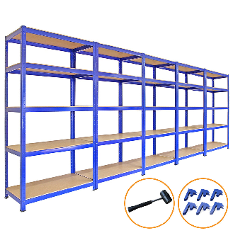 5 Rayonnages T-Rax  Bleus 90cm x 45cm x 180cm, Maillet & Connecteurs de Baies-Lire la description