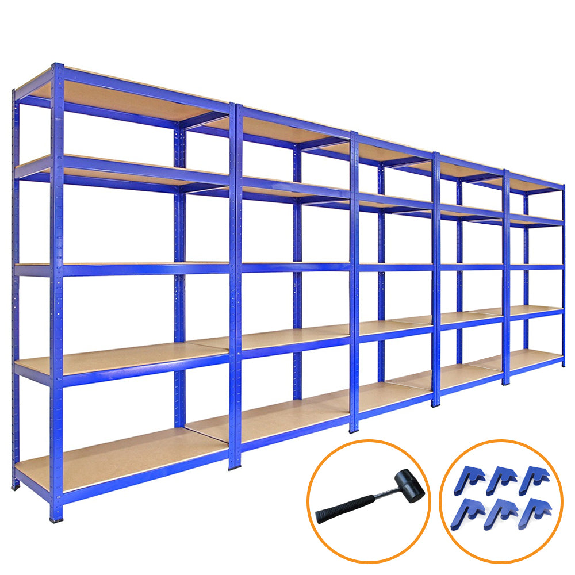 5 scaffali T-Rax blu 90 cm x 45 cm x 180 cm, connettori a martello e a baia-Leggi tutto