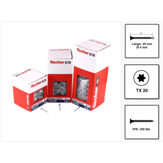 Fischer Power-Fast II FPF II Spanplattenschraube 4,0x25 mm 200 Stück ( 670152 ) Senkkopf mit Torx Vollgewinde galvanisch verzinkt, blau passiviert-Beschreibung lesen