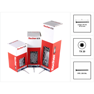 Fischer Power-Fast II FPF II Spanplattenschraube 4,5x45 mm 200 Stück ( 670270 ) Senkkopf mit Torx Teilgewinde galvanisch verzinkt, blau passiviert-Beschreibung lesen