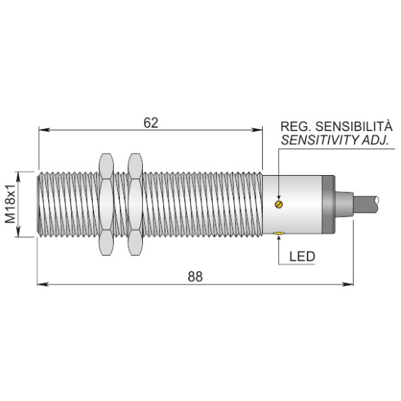 Détecteur de proximité capacitif M18 PNP NO+NF P5mm noyé 88(62)mm Laiton 10-40Vdc / Câble 2m PVC - SC18SM-C5 PNP NO+NC-Lire la description