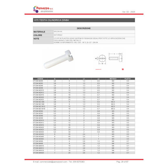 Vite in plastica a testa cilindrica DIN84 M4X20mm - Colore Nero - Prezzo per multipli di 100 pz.-Leggi tutto
