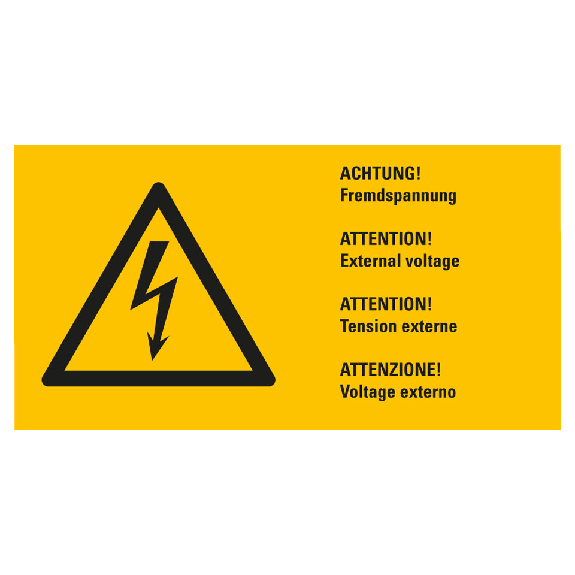 Warn-Kombischild Achtung! Fremdspannung,RoHS konform,4-sprachig,Folie,52x105mm-Beschreibung lesen