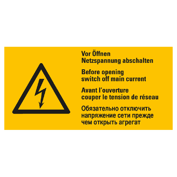 Warn-Kombischild ACHTUNG! Vor Öffnen Netzspannung, RoHS konform, 4-spr., Folie, 74x37mm-Beschreibung lesen