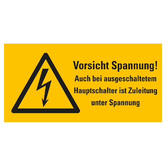 Warn-Kombischild Vorsicht Spannung! Auch bei..., RoHS konform, Folie, 52x26mm, 10/BOG, ASR A1.3, DIN EN ISO 7010 W012-Beschreibung lesen