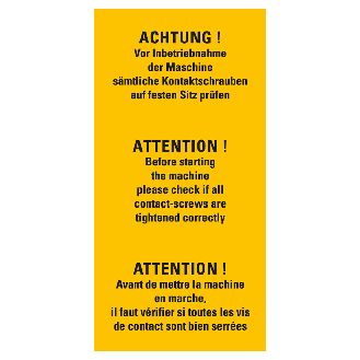 Warnschild ACHTUNG! Vor Intriebnahme der, RoHS konform, 3-sprachig, Folie, 74x37mm-Beschreibung lesen