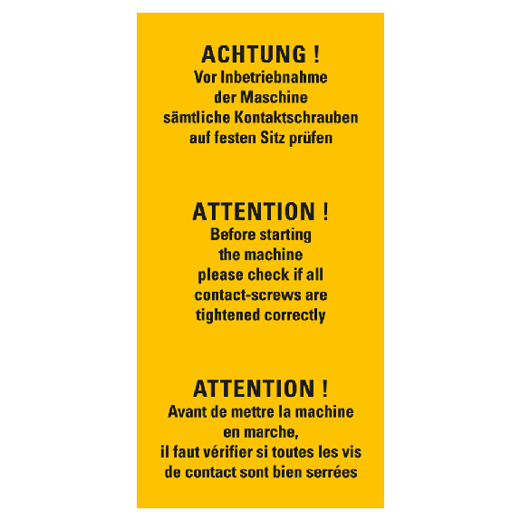 Warnschild ACHTUNG! Vor Intriebnahme der, RoHS konform, 3-sprachig, Folie, 74x37mm-Beschreibung lesen