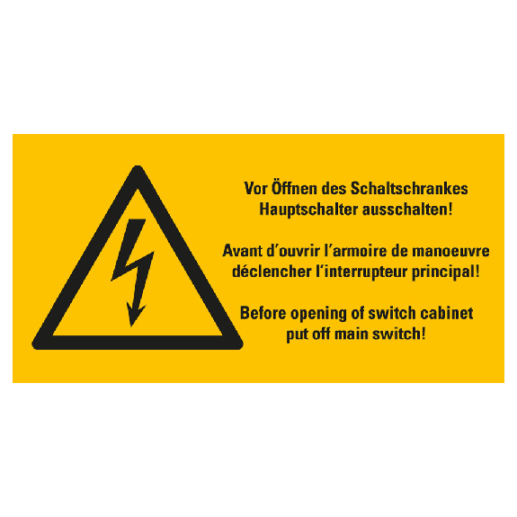 Warn-Kombischild Vor Öffnen des Scha..., RoHS konform, 3-spr., Folie, 52x26mm, 10/BOG, ASR A1.3, DIN EN ISO 7010 W012-Beschreibung lesen
