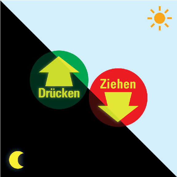 PERMALIGHT power langnachleuchtend Türhinweis Ziehen mit Pfeil, rot, Folie, fluoreszierend, Ø 100mm-Beschreibung lesen