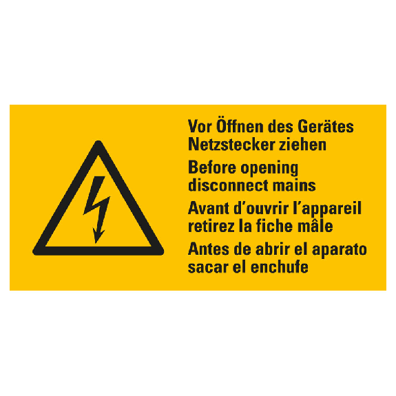 Warn-Kombischild Vor Öffnen...Netzstecker ziehen, RoHS konform, 4-sprachig, Folie, 74x37mm-Beschreibung lesen