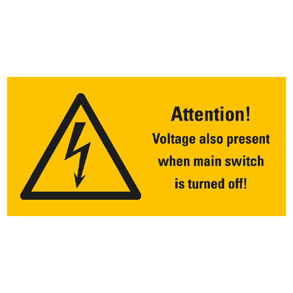 Warn-Kombischild Attention! Voltage also..., RoHS konform, Folie, selbstklebend, 52x26mm, ASR A1.3, DIN EN ISO 7010 W012-Beschreibung lesen