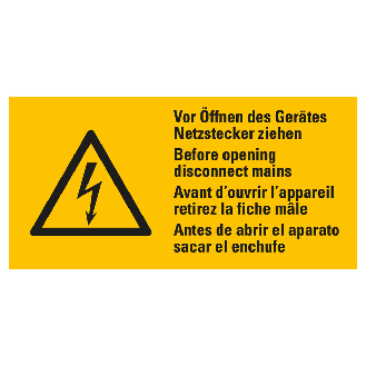 Warn-Kombisch.Vor Öffnen...Netzstecker ziehen,RoHS konform,4-spr,Folie,52x105mm-Beschreibung lesen