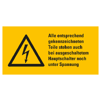 Warn-Kombischild Teile stehen unter Spannung, RoHS konform, Folie, 74x37mm, ASR A1.3, DIN EN ISO 7010 W012-Beschreibung lesen