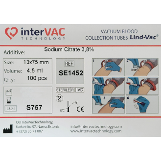 Tubo con Citrato Sódico (3,8%, 1:9, 0,129 mmol/L), 4,5 ml, 100 Unds-Leer más