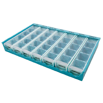 Bandeja de Medicación Semanal. Dimensión bandeja: 320 x 200 x 40 mm Dimensión de dispensador individual:
43 x 193 x 34 mm. Dimensión compartimento: 32 x 29 mm-Leer más
