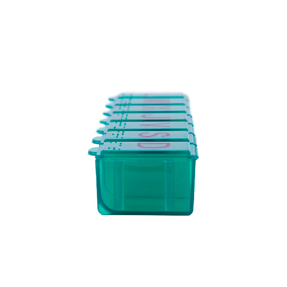 Pastillero semanal
1 toma diaria. *Incluye sistema braile
Color: Verde
Dimensión pastillero:
42 x 150 x 25 mm
Dimensión compartimento:
20 x 35 x 21 mm-Leer más